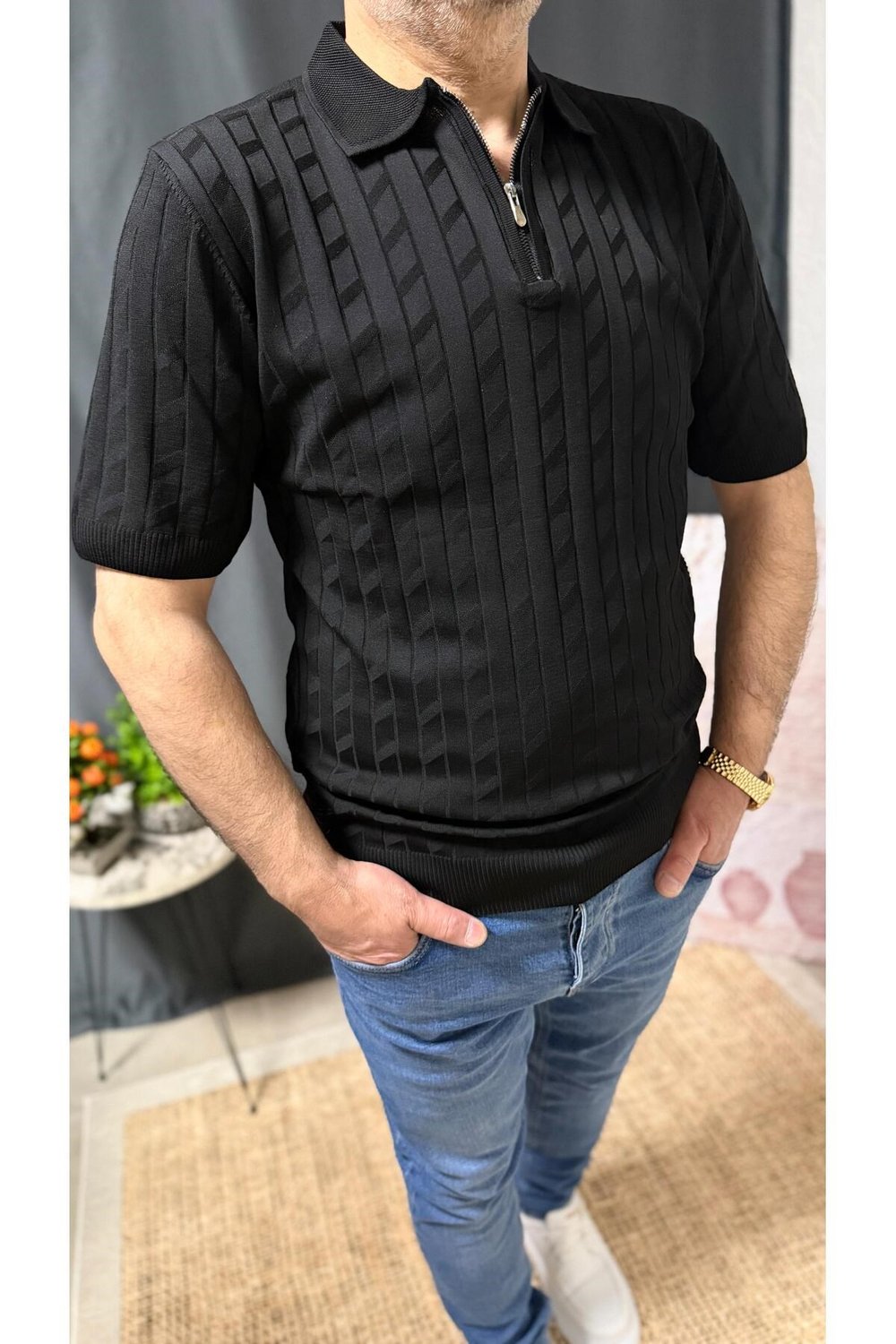 FERMUARLI POLO YAKALI , DOKULU KUMAŞ , FİT KALIP ERKEK TİŞÖRT