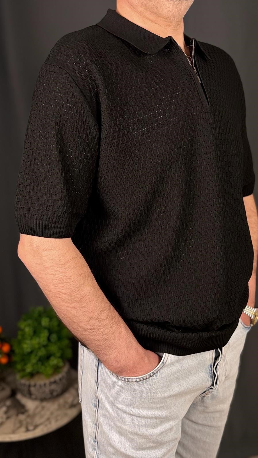 POLO , FERMUARLI YAKA , FİT KESİM ,TİŞÖRT (Siyah)