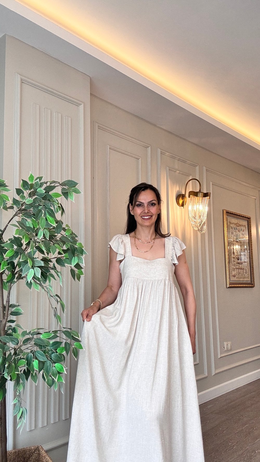 Askılı Cepli %100 Pamuk Keten Astarlı Elbise - Naturel Renk