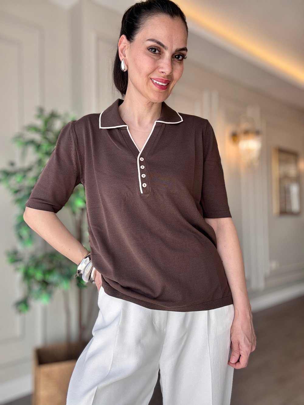 Merserize Polo Yaka Triko Bluz  Kahve -  Yazlık İnce Dokulu