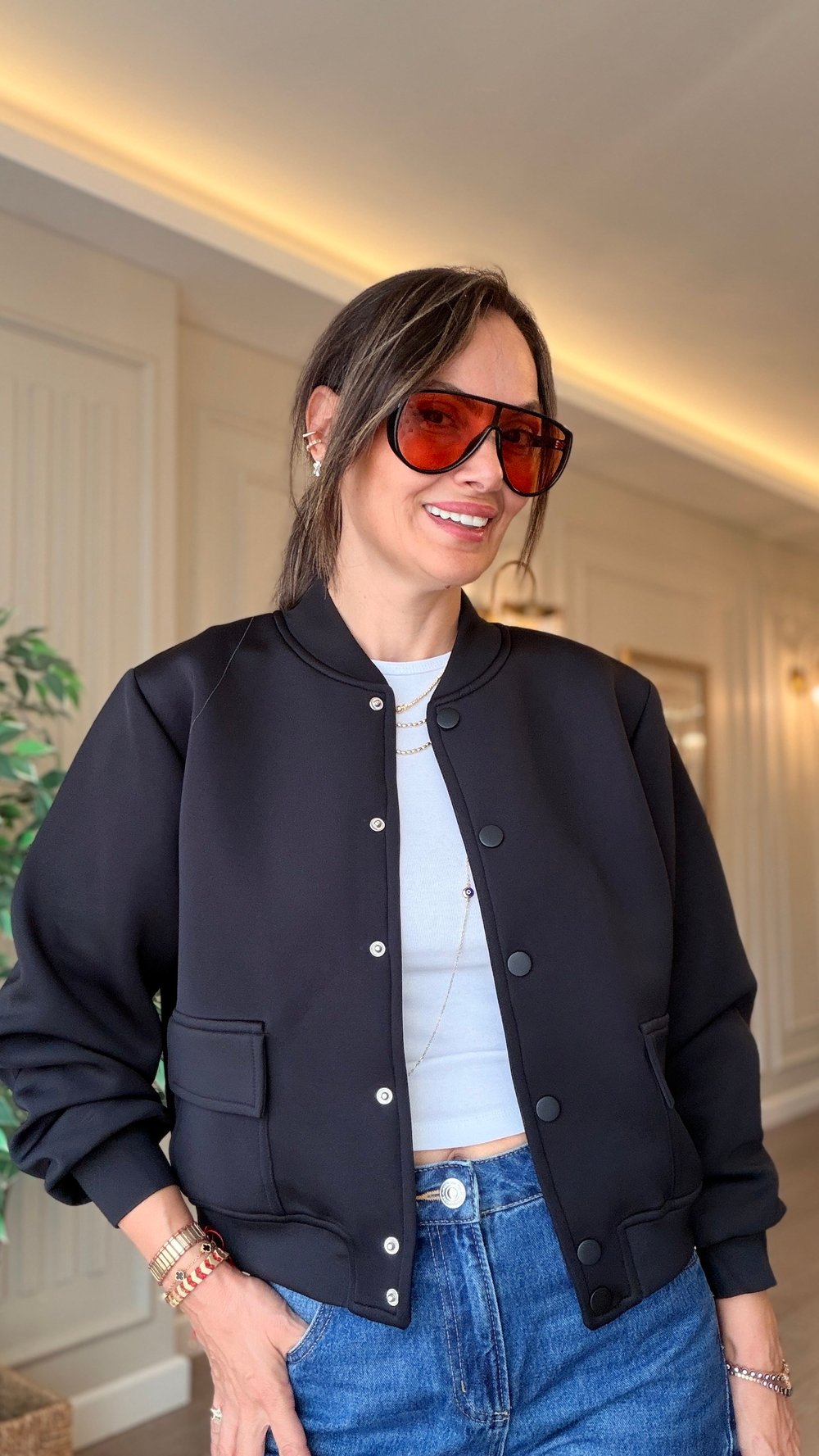 Siyah Skuba Çıtçıtlı Cepli Kadın  Bomber Ceket