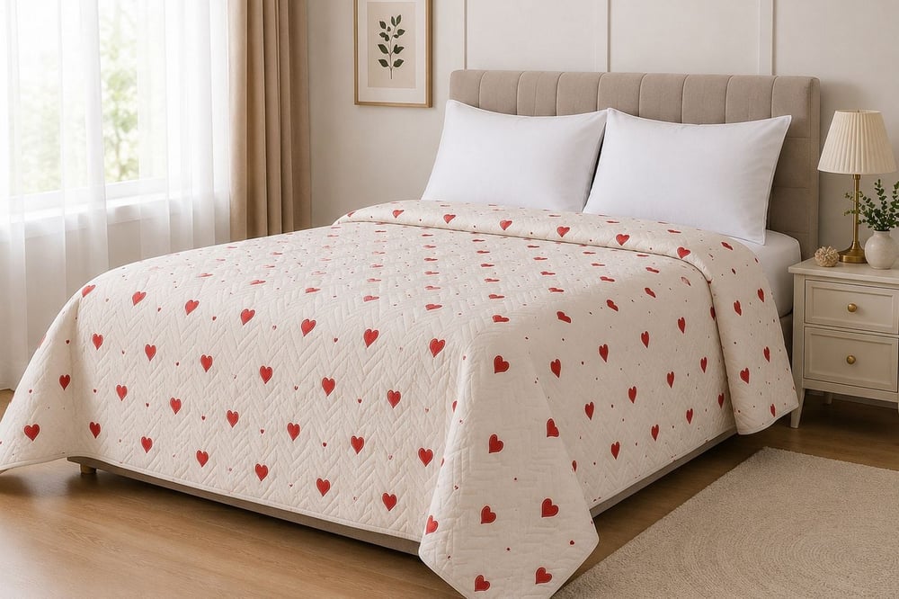 Çift Kişilik Pike Ultrasonic Kapitone 200*235 cm-Beyaz Kalpli