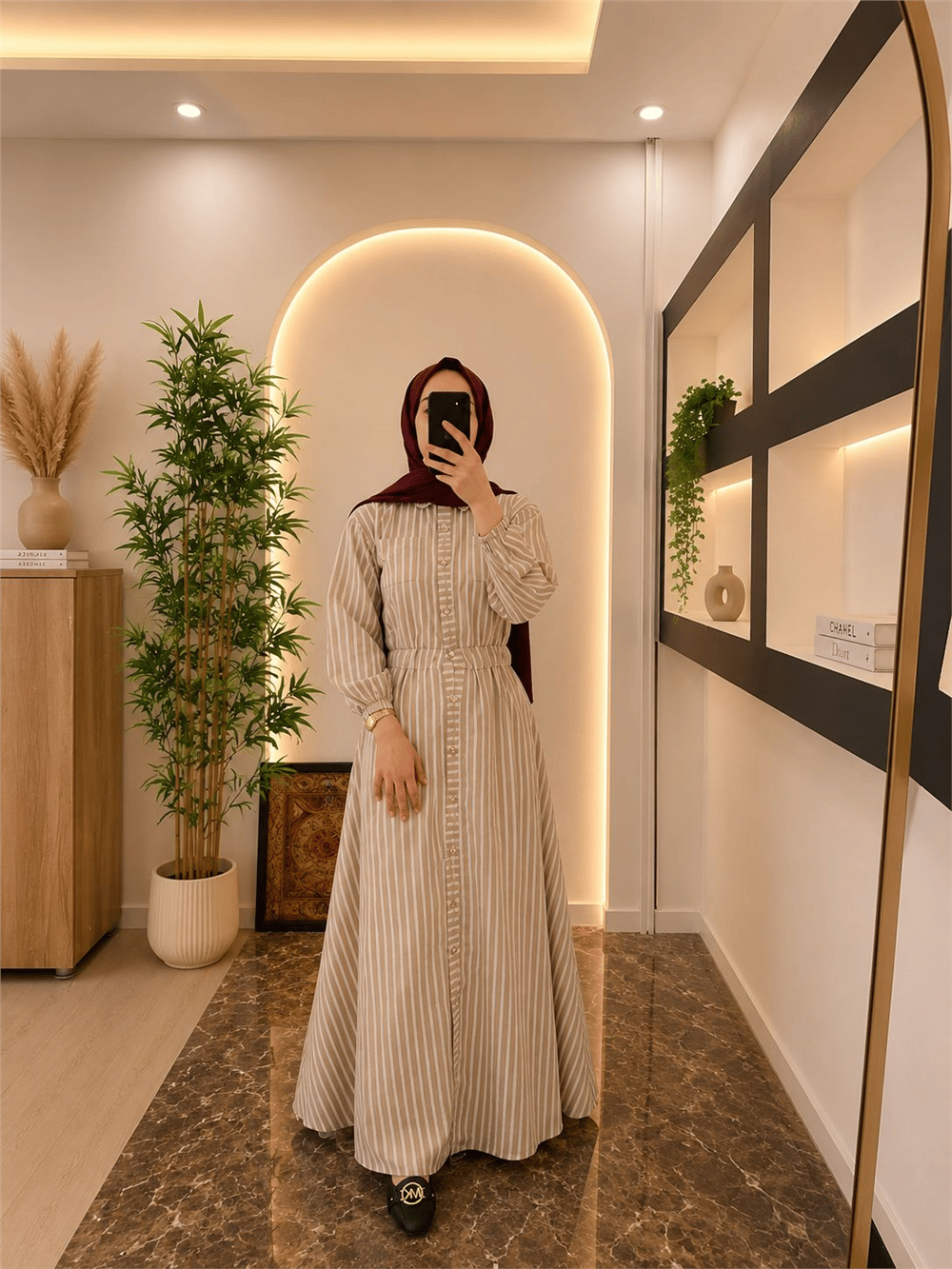 Gabardin Kumaş Beli Lastikli Önden Düğmeli-Kahverengi
