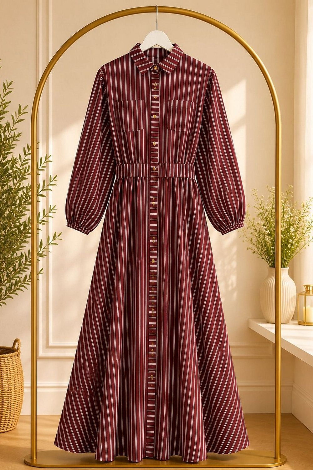Gabardin Kumaş Beli Lastikli Önden Düğmeli-Kırmızı