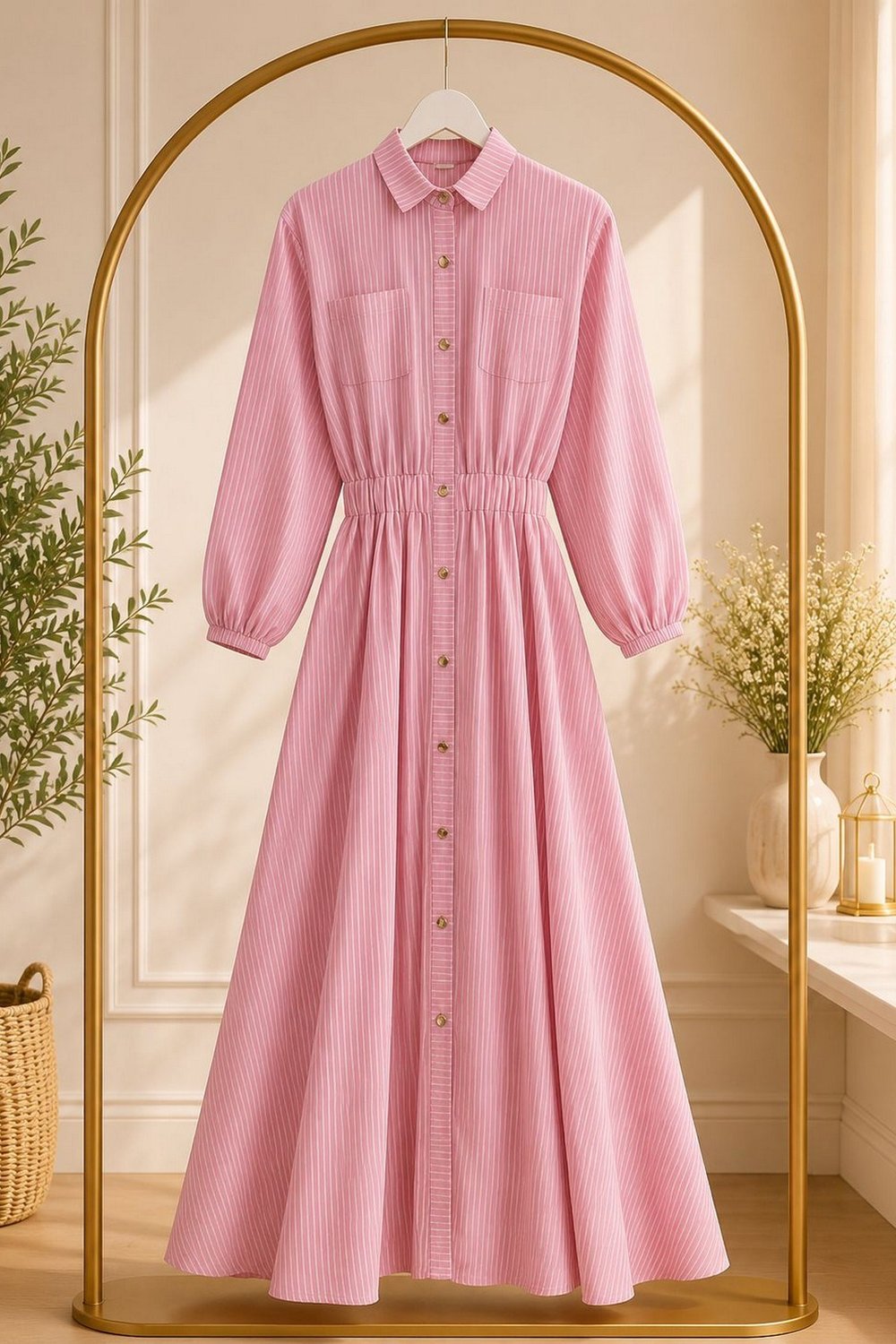 Gabardin Kumaş Düğmeli Elbise-Pembe