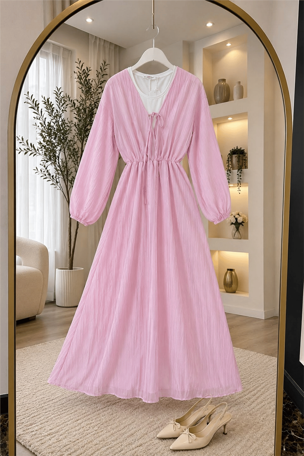 Gofre Kumaş Elbise-Pembe