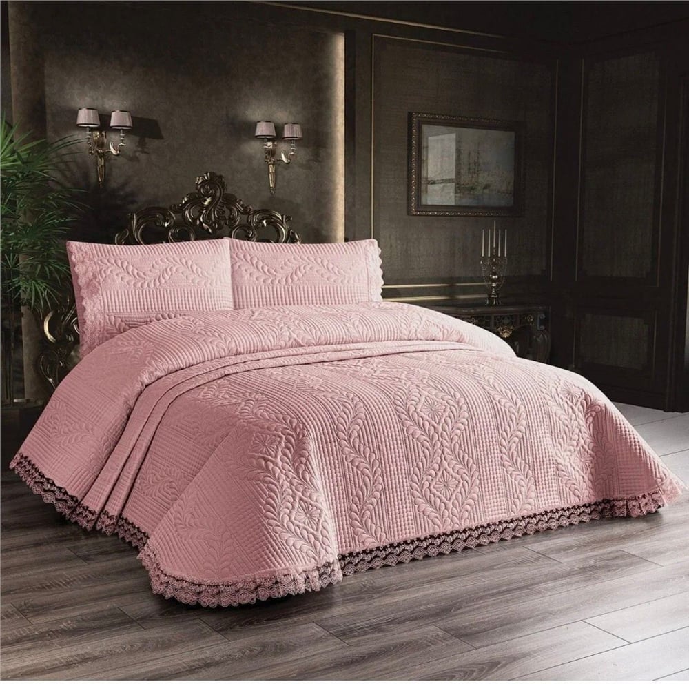 Güpürlü Soft Yatak Örtüsü-Pembe