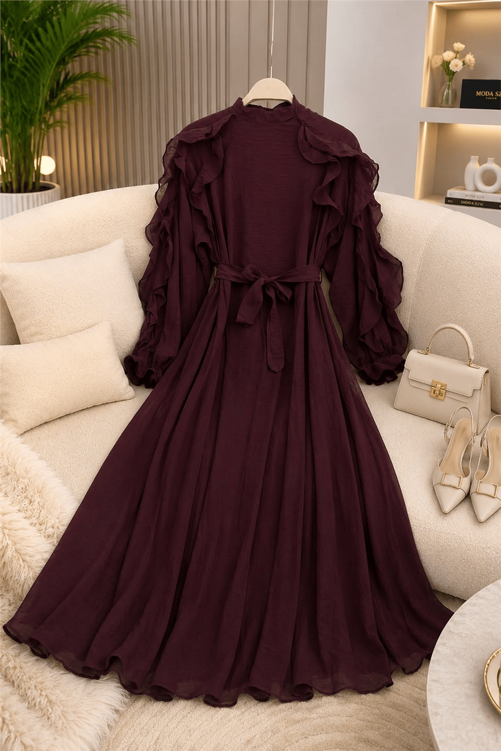 Kumaş Lilium Astarlı Elbise-Bordo