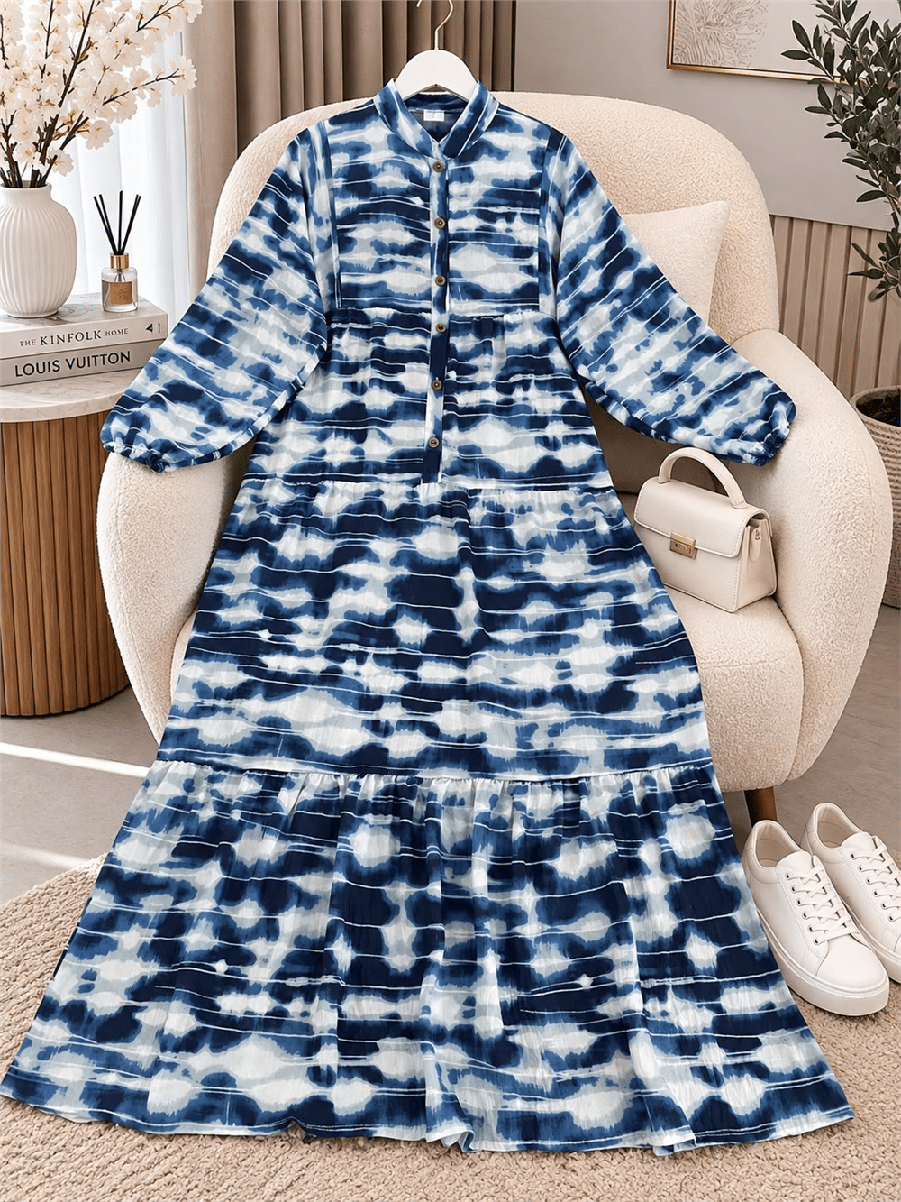 Modal Kumaş Batik Desenli Düğmeli Elbise - Lacivert Desenli 2018
