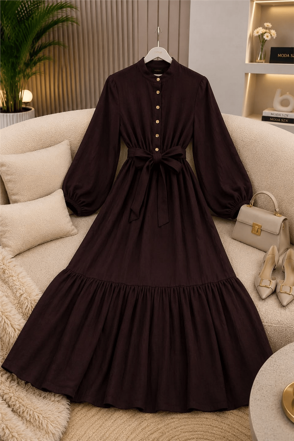 Muslin Elbise-Kahverengi