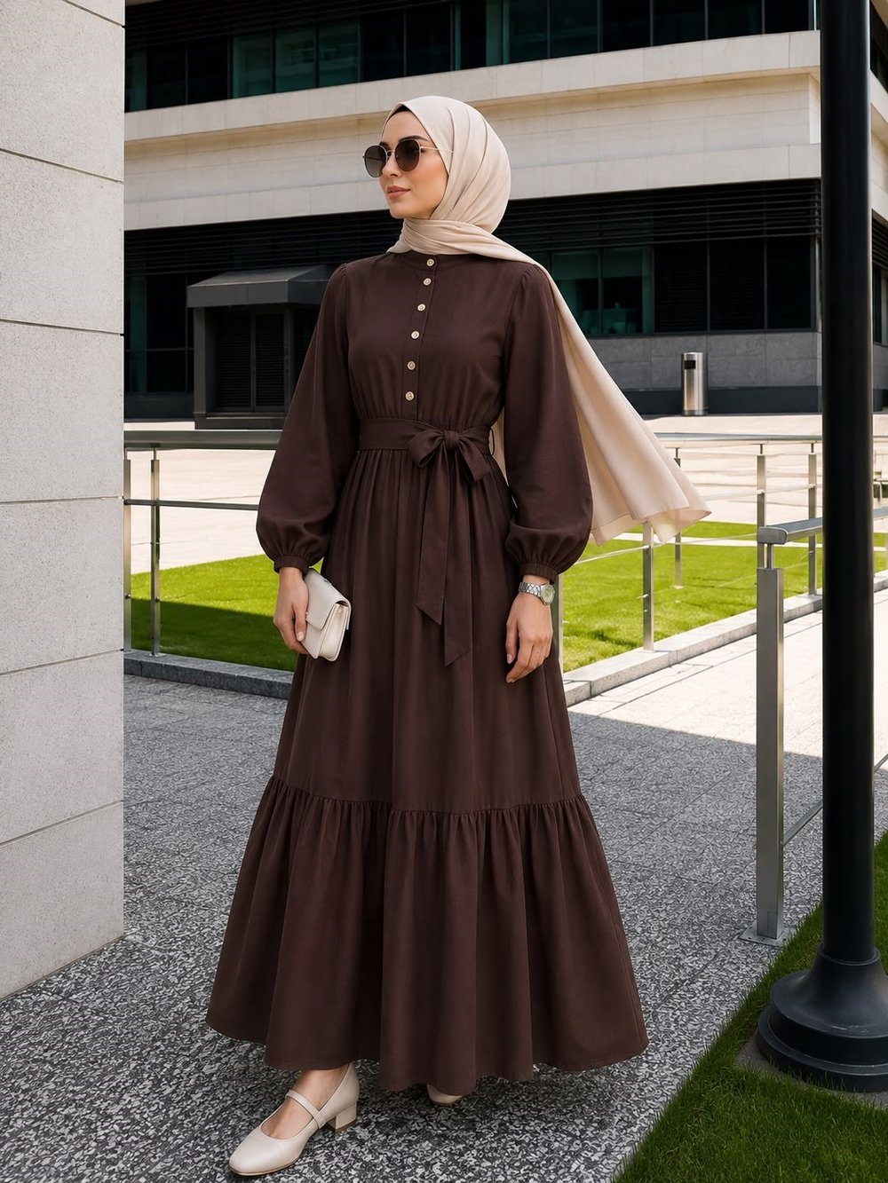 Muslin Kumaş Elbise-Kahverengi