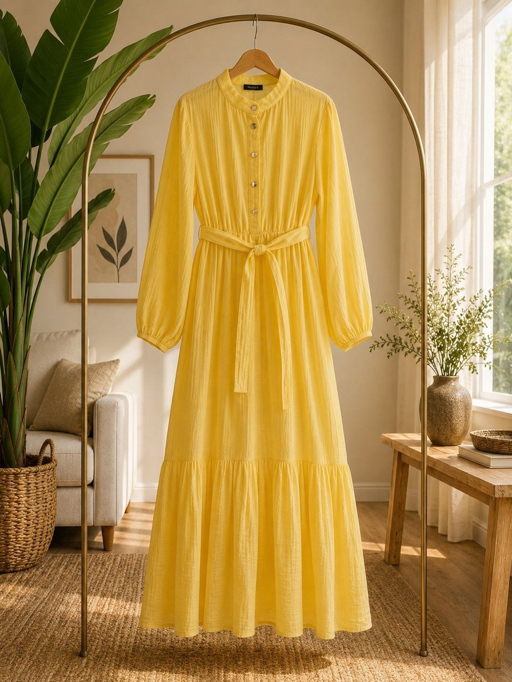 Muslin Kumaş Elbise-Sarı