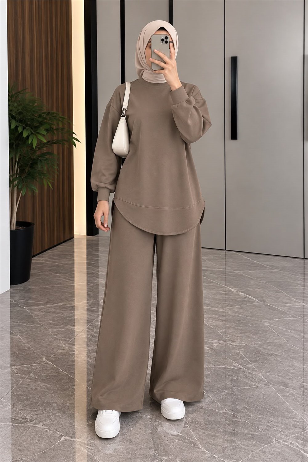 Osso Kumaş Balon Kol Tunik Pantolon Takım - Vizon 2097