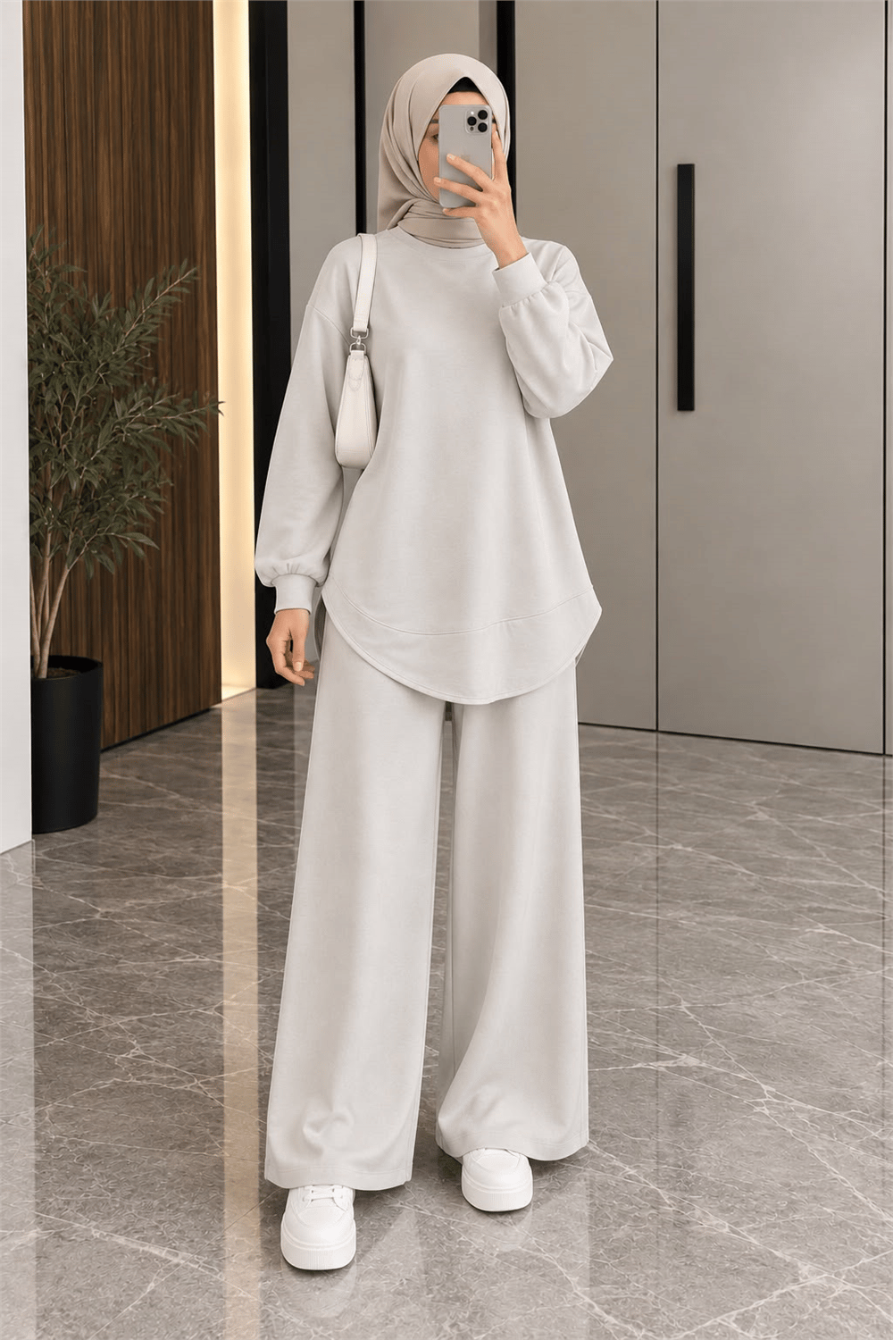 Osso Kumaş Balon Kol Tunik Pantolon Takım - Ekru 2097