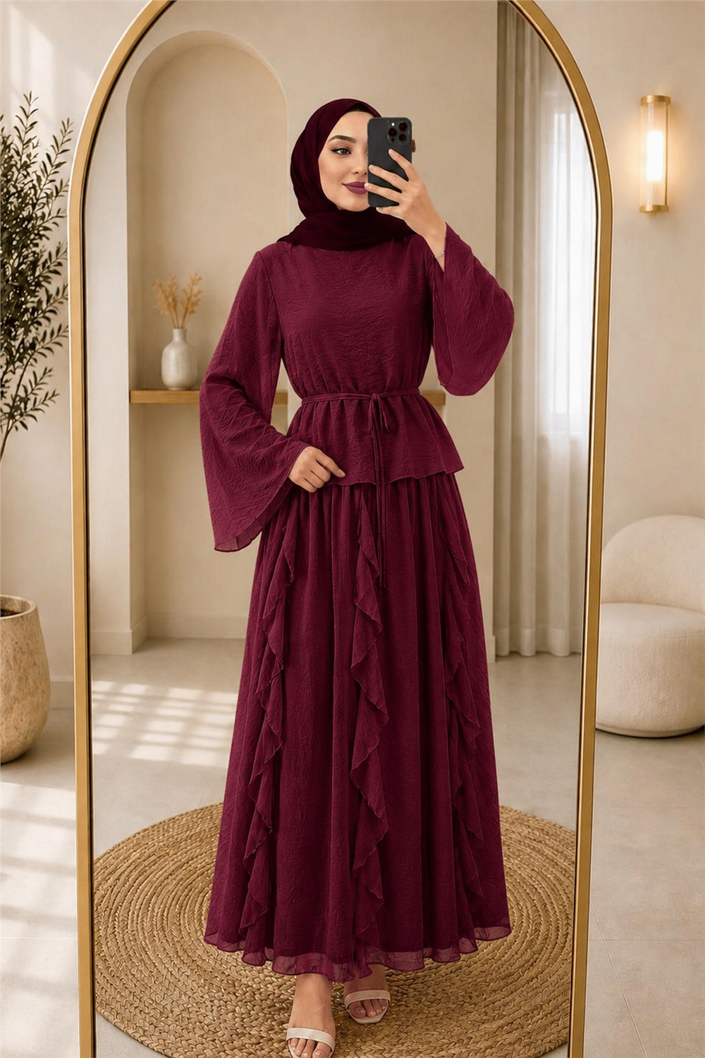 Takım Etek Fırfırlı Kumaş Lilium-Bordo