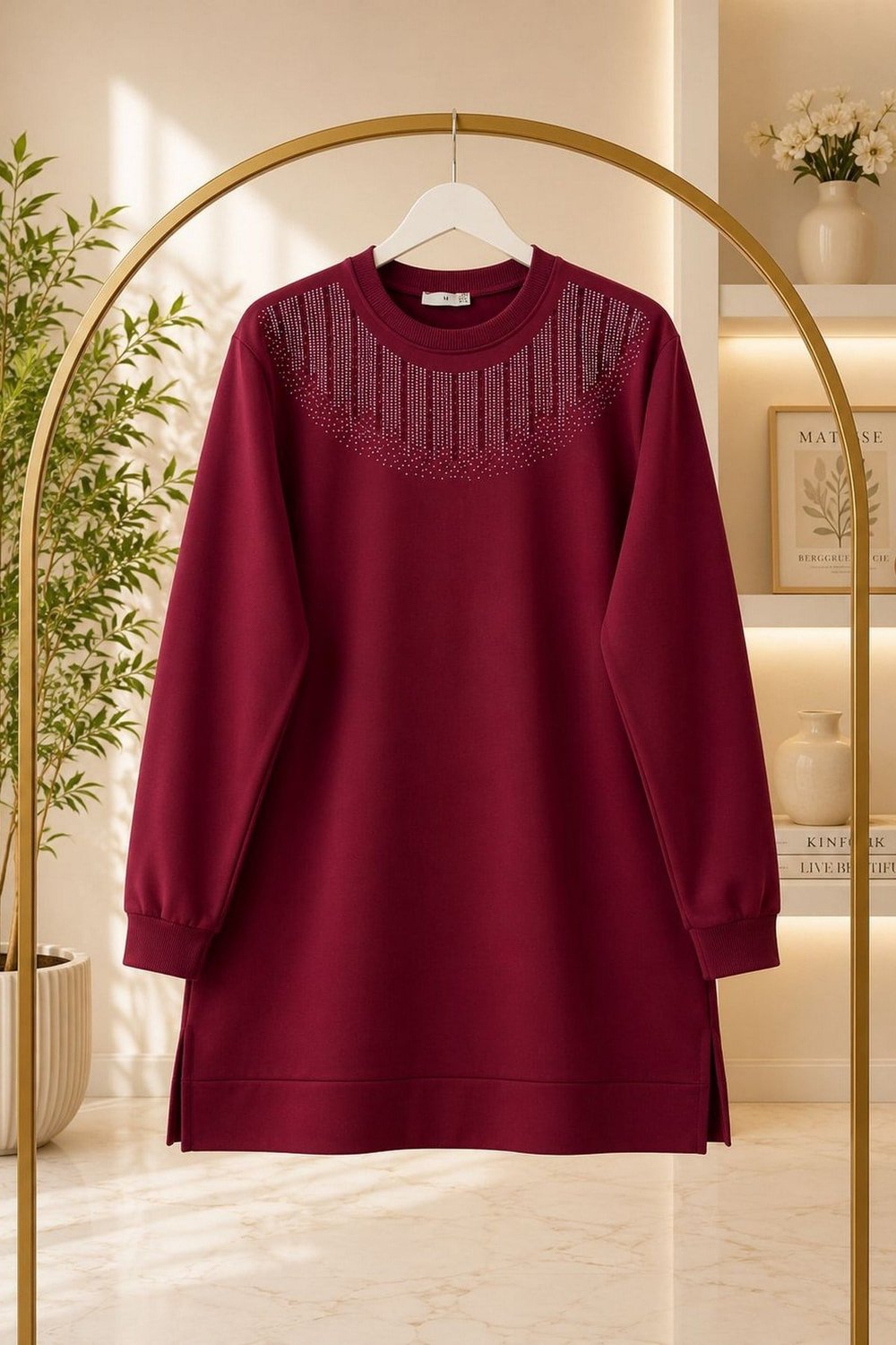 Taşlı Tunik Kumaş Vortex-Bordo