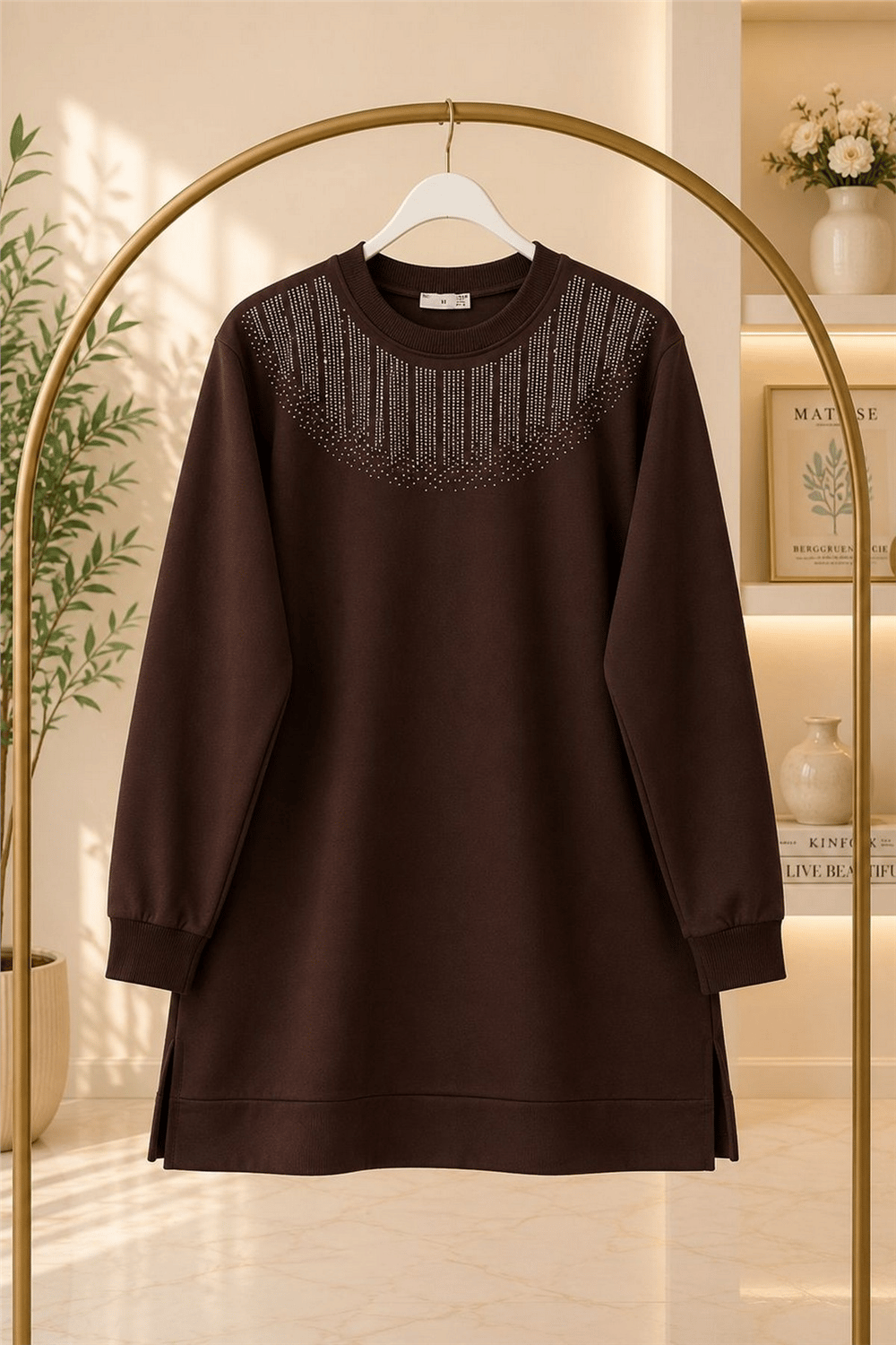 Taşlı Tunik Kumaş Vortex-Kahverengi