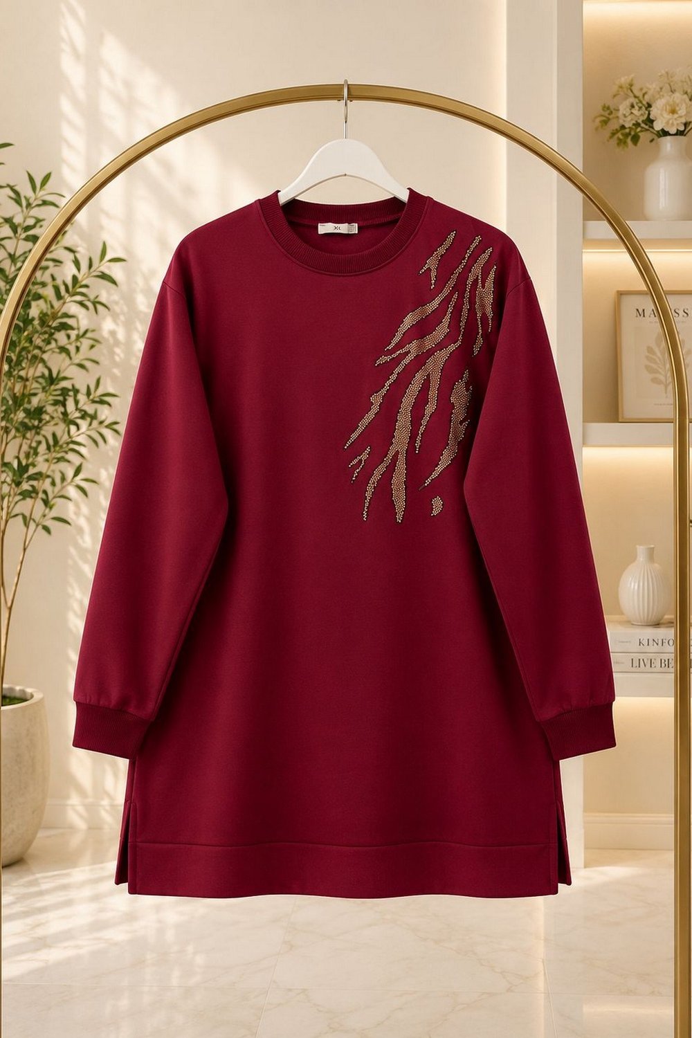 Taşlı Tunik Kumaş Vortex Omuz Detay-Bordo