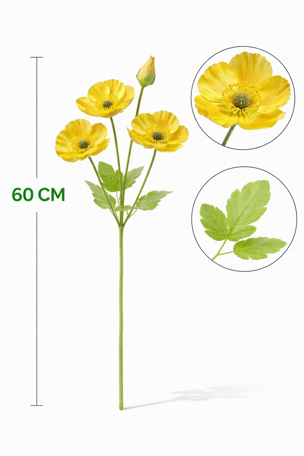 2Adet 60 Cm Yapay Sarı Gelincik Çiçeği Tek Dal – Gerçekçi Dekoratif Yapay Çiçek