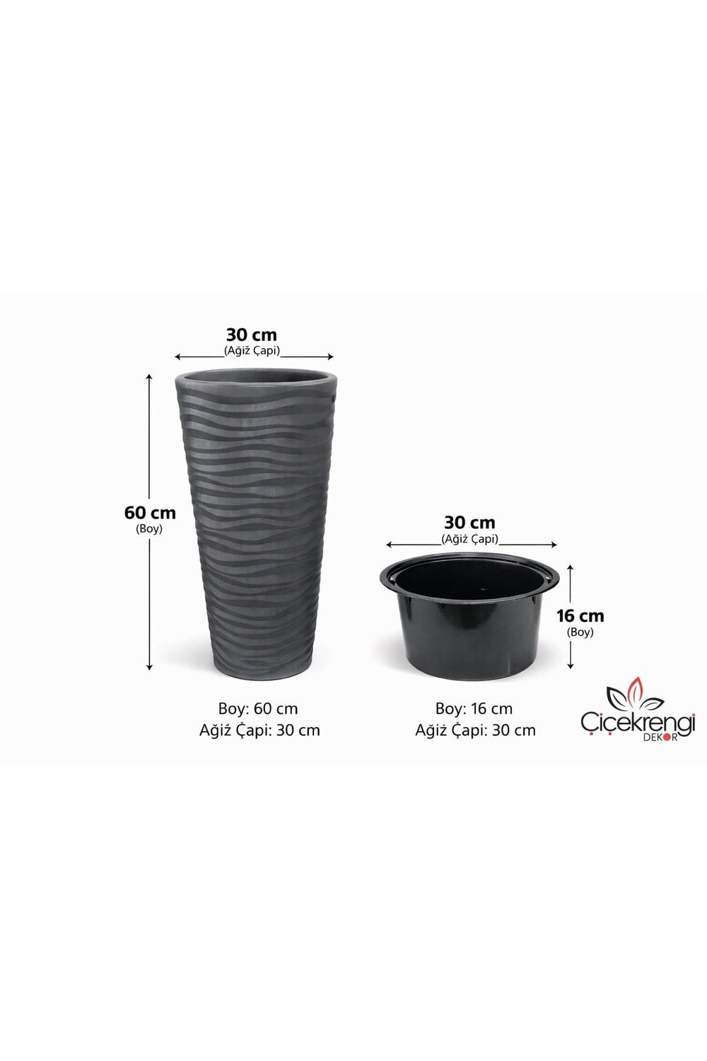 Kumsal Yer Vazosu Saksı Antrasit 60 cm İç Hazneli 5.5 Litre Büyük Boy Dekoratif Saksı