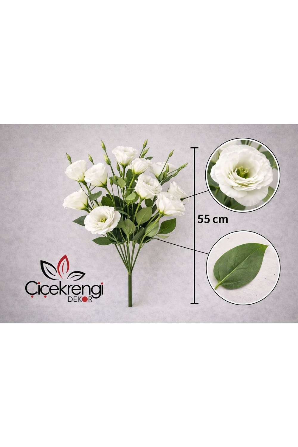 Premium Beyaz Lisyantus Yapay Çiçek Demeti 55 cm | Gerçek Görünümlü Dekoratif Bir Demet Çiçek