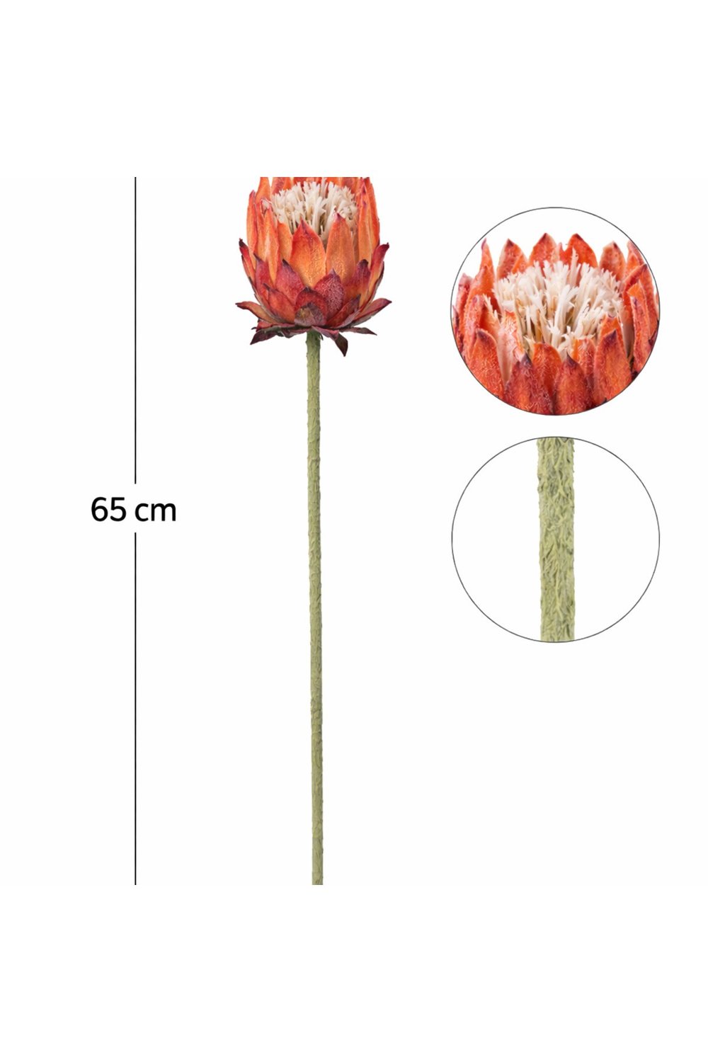 Premium Yapay Protea Çiçek Turuncu 65 cm Dekoratif Tek Dal Büyük Protea Çiçeği