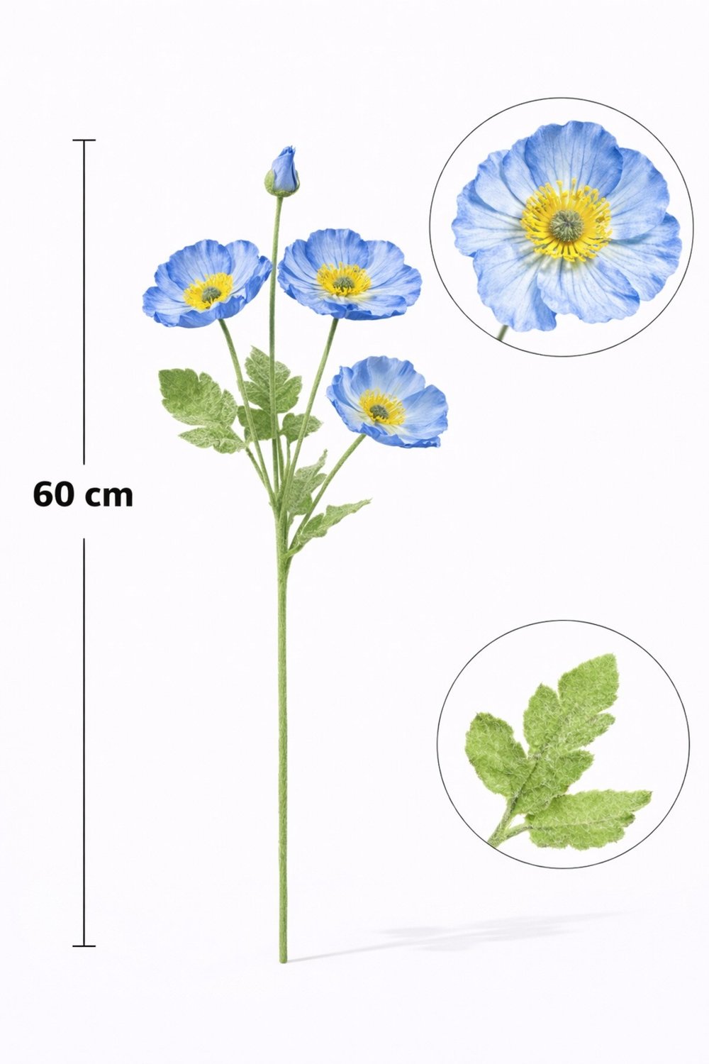 Yapay Mavi Gelincik Dalı 60 cm – Dekoratif Yapay Çiçek, Gerçekçi Görünümlü Vazo ve Ev Dekoru