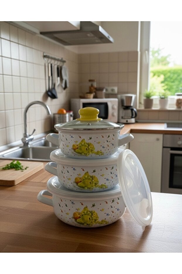 Emaye Pişirme ve Saklama Tenceresi –Cam Kapaklı | 9 parça 3 lü set