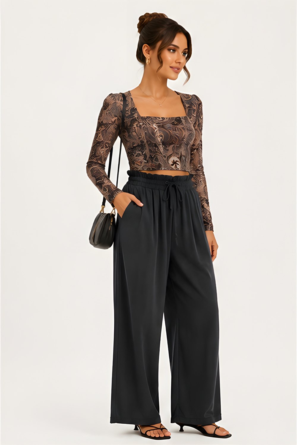 Lili Woman Kadın Paisley Desenli Tül Crop Bluz E.2557