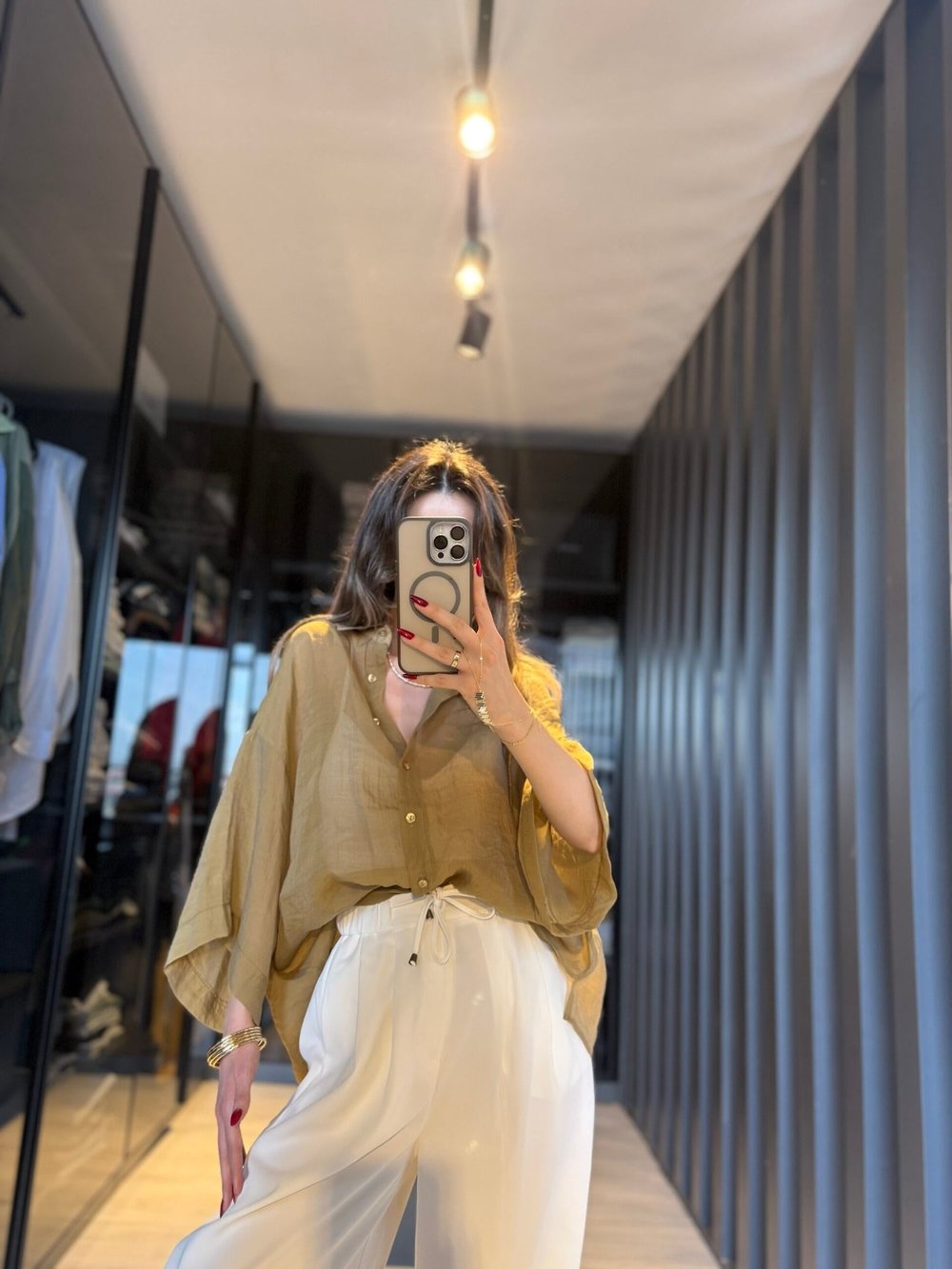 Haki Oversize İpeksi gömlek 