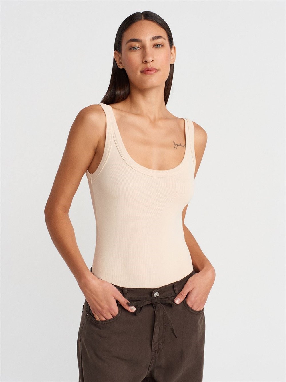 Bej  Fitilli Bodysuit