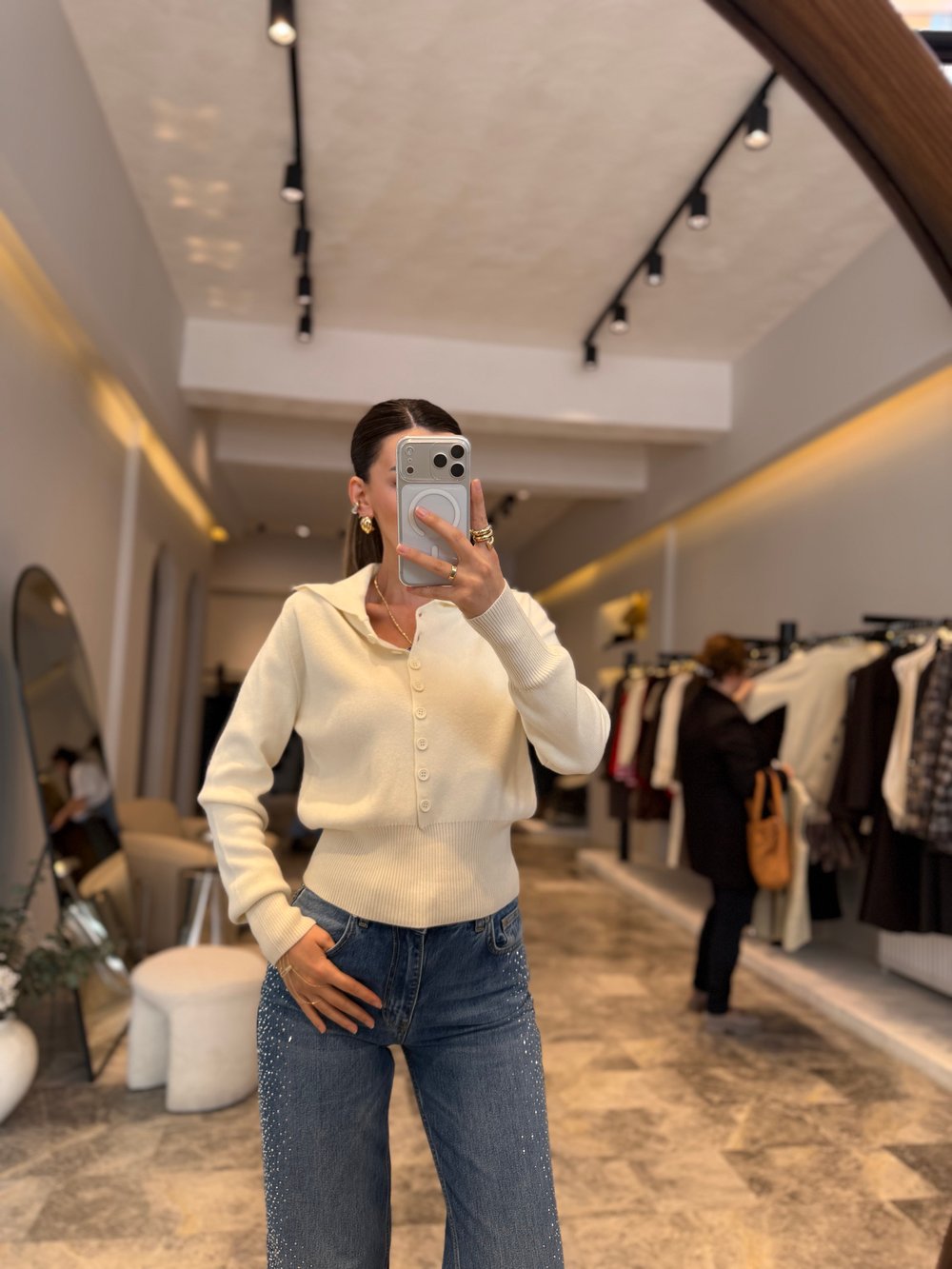 Ekru Polo Yaka Yünlü Düğmeli Hırka