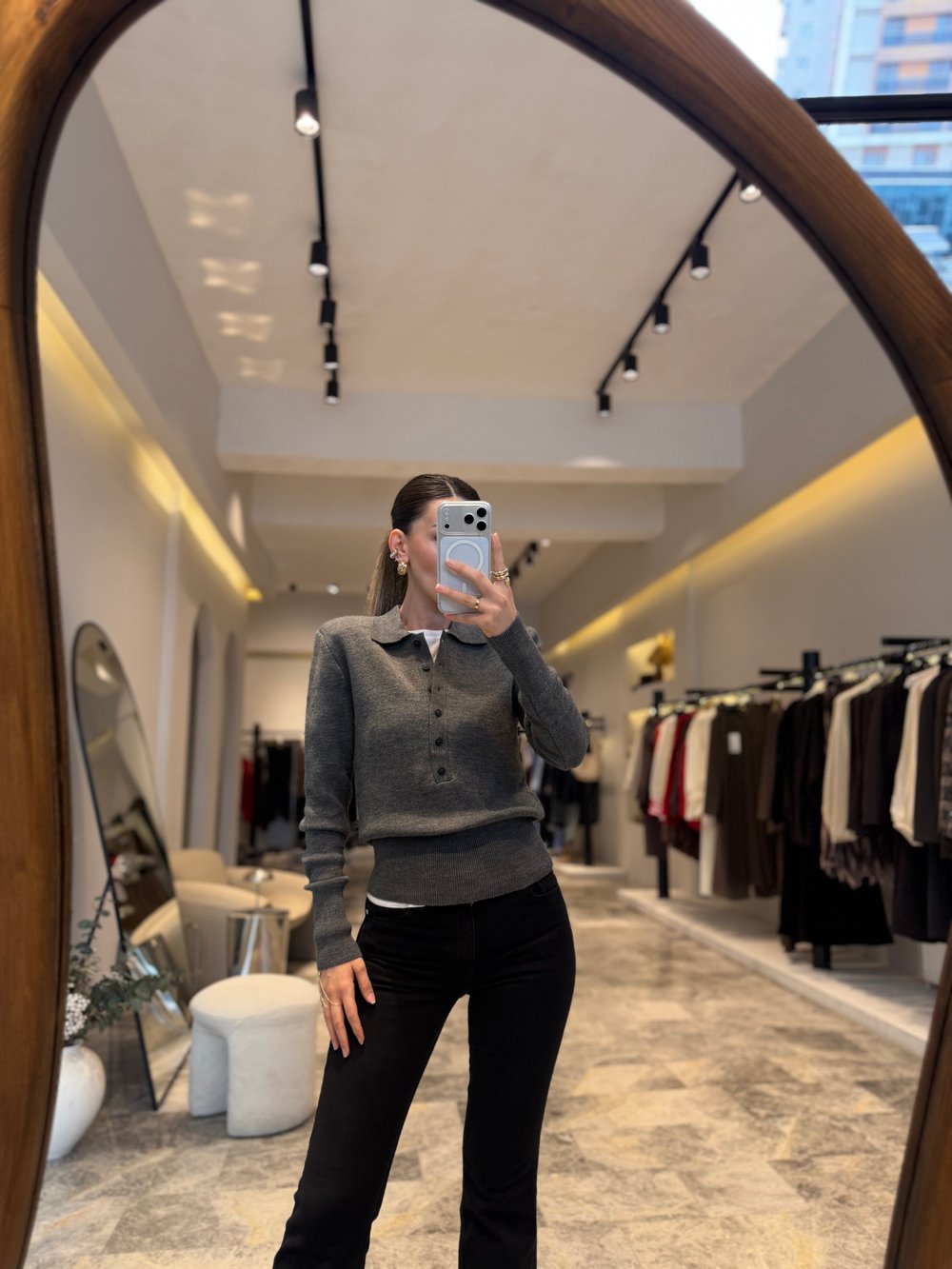 Gri Polo Yaka Vatkalı Triko Kazak