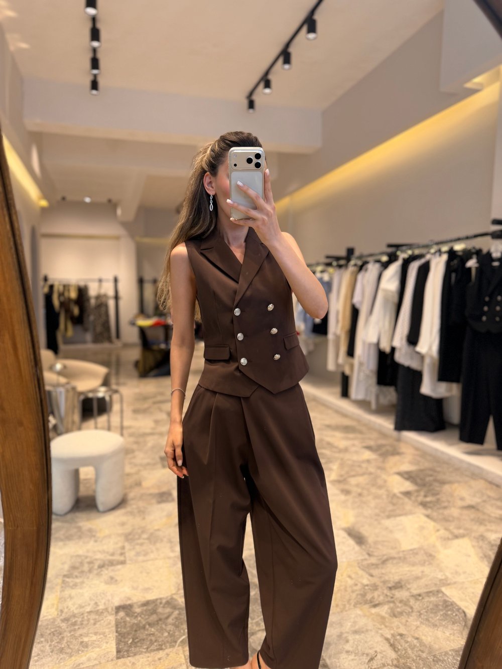 Kahve Kruvaze Bel Yelek Pantolon Takım 