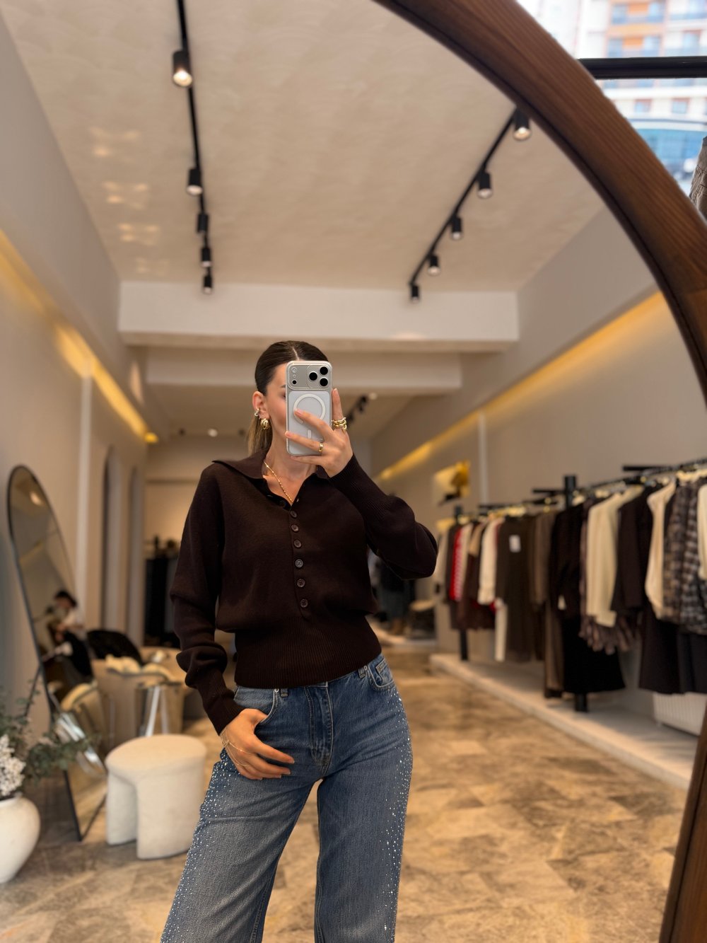 Kahve Polo Yaka Yünlü Düğmeli Hırka
