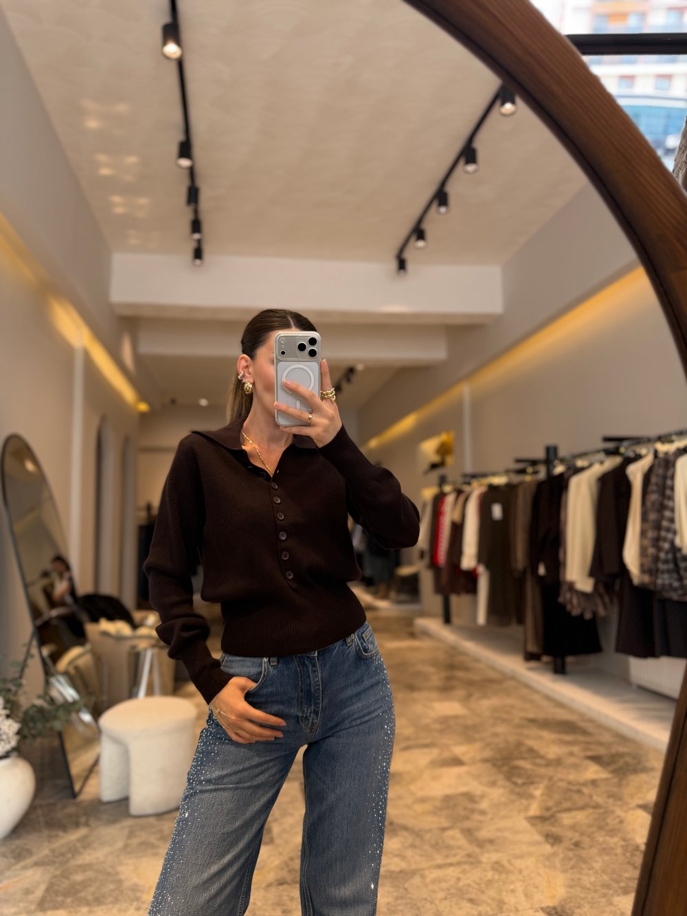 Kahve Polo Yaka Yünlü Düğmeli Hırka