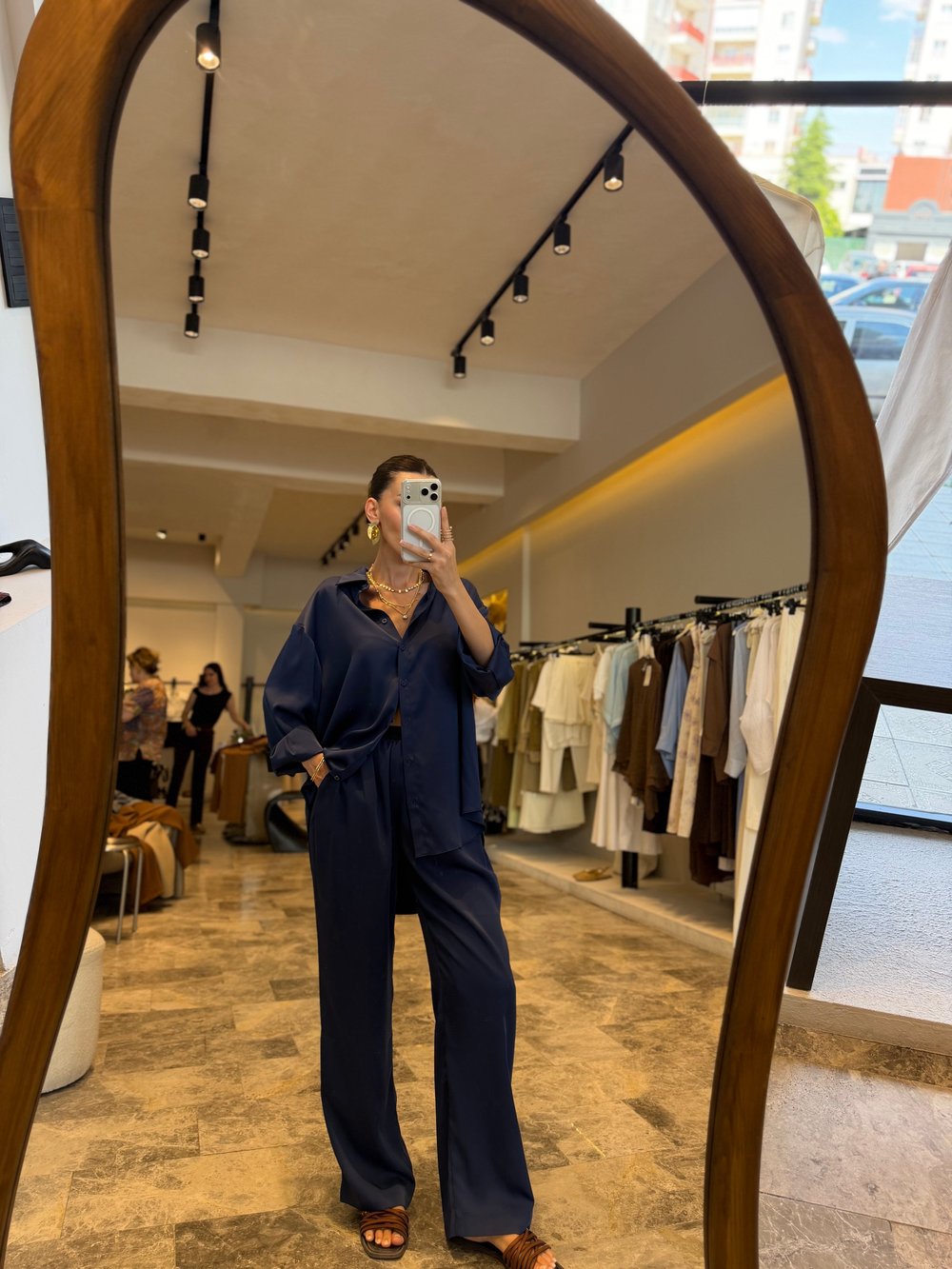 Lacivert Oversize Saten Gömlek Pantolon Takım 