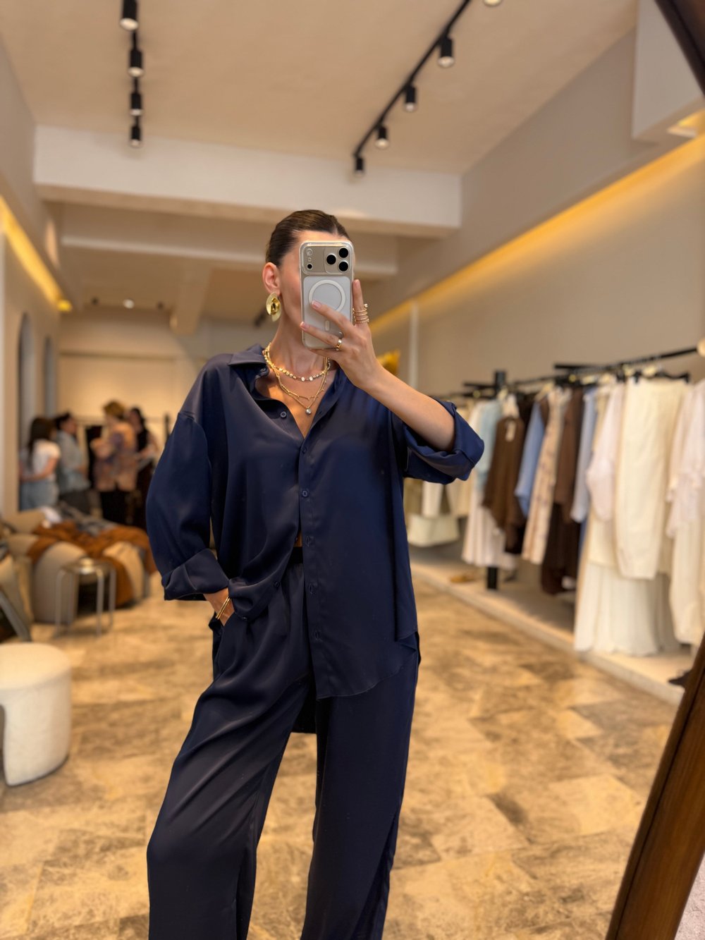 Lacivert Oversize Saten Gömlek Pantolon Takım 