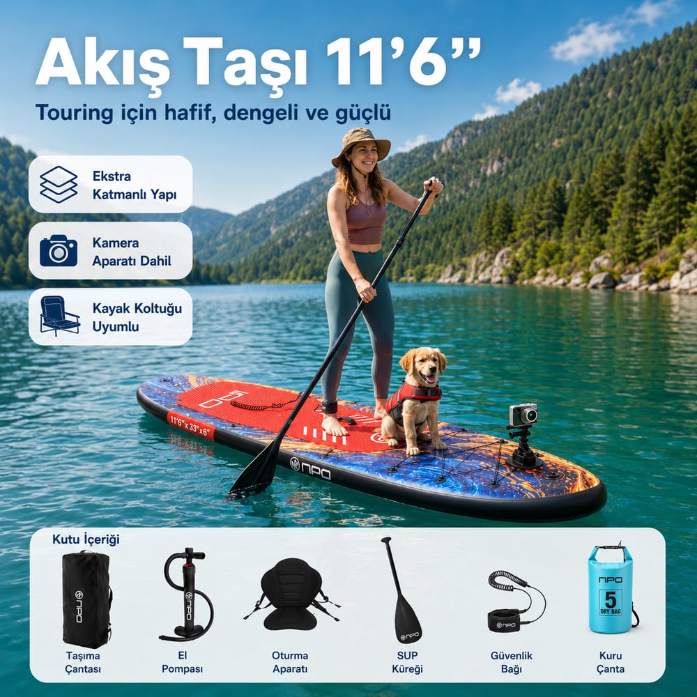 NPO Flow Stone 350x84x15cm Şişme Premium SUP Paddle Board 162kg Kürek Pompa Çanta Koltuklu Full Set