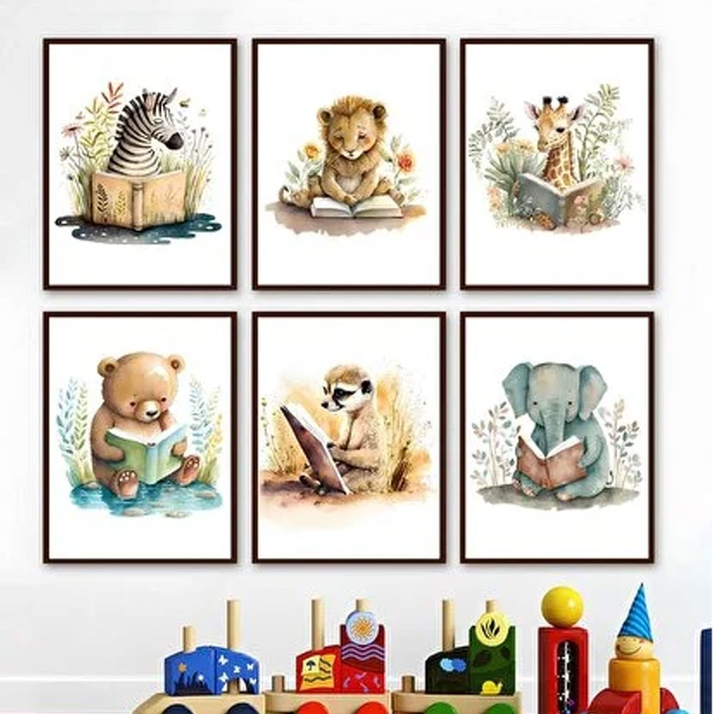 TABLOX Sevimli Kitap Okuyan Hayvanlar  6’lı Çerçeve Görünümlü Modern MDF Tablo Seti