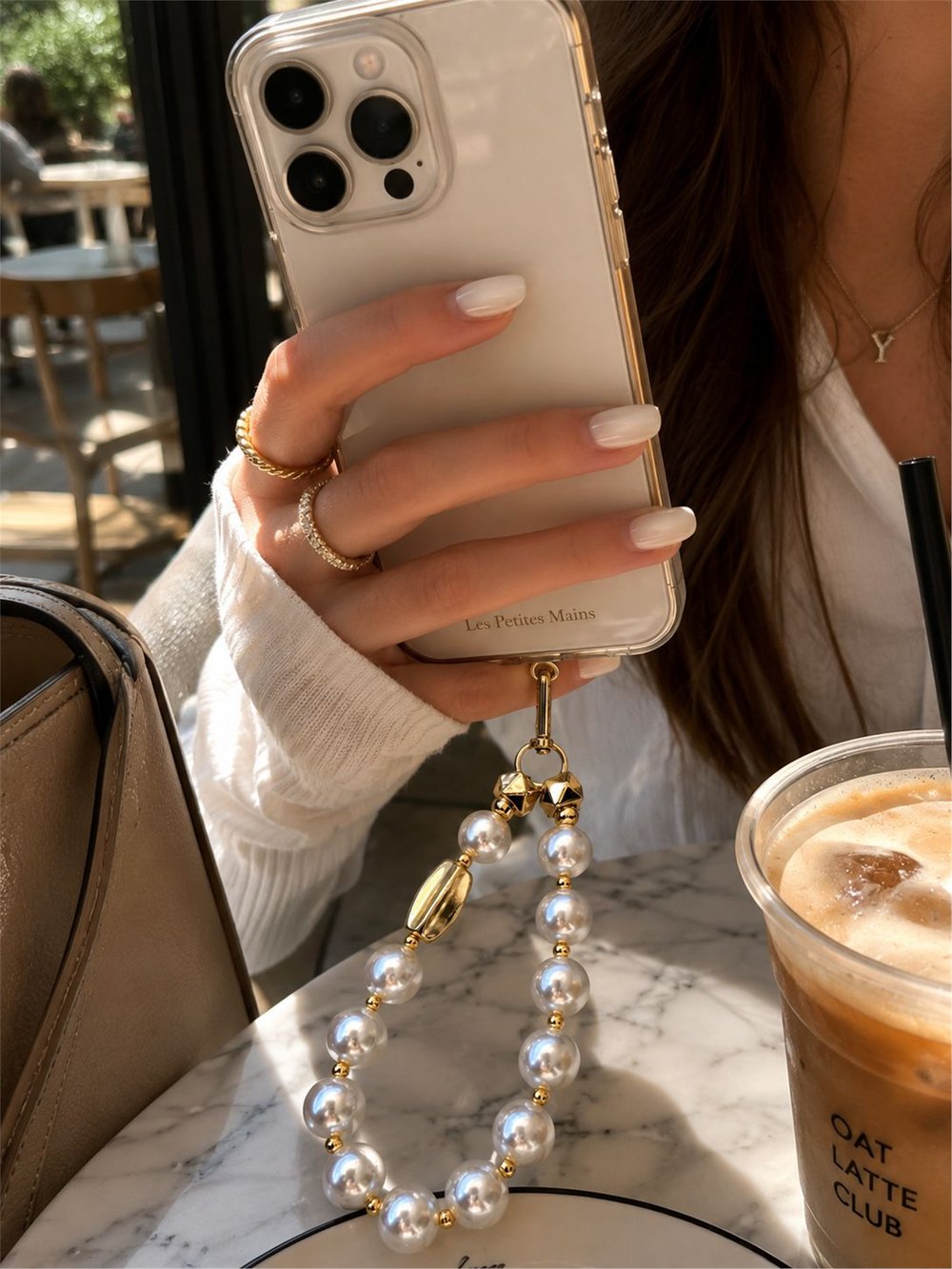 Iconic İncili Altın Telefon Askısı, Boncuklu Telefon Charmı ve Çanta Aksesuarı