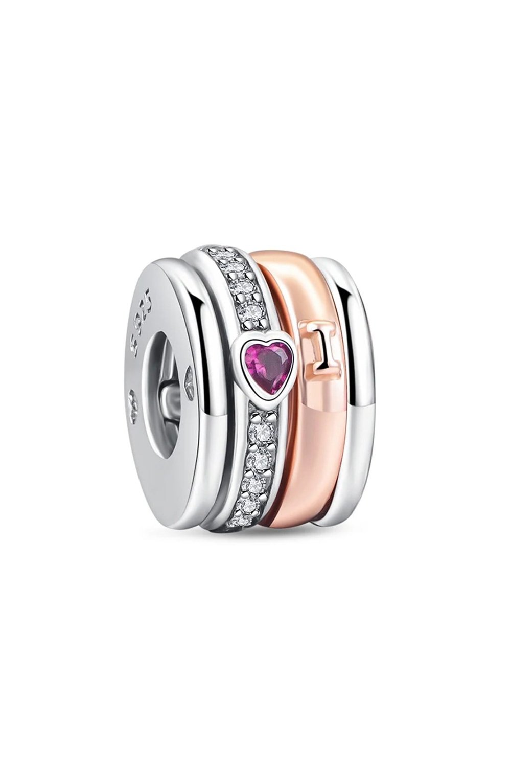  Gümüş Rose Taşlı Kalp Halka Charm
