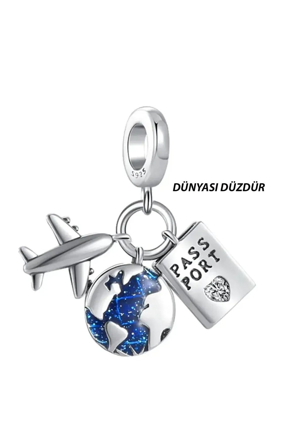 Uçak Düz Dünya Ve Pasaport Sallantılı Gümüş Charm