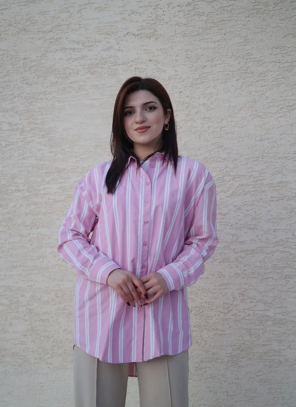 Beyaz Çizgi Detaylı Pembe - Gömlek 