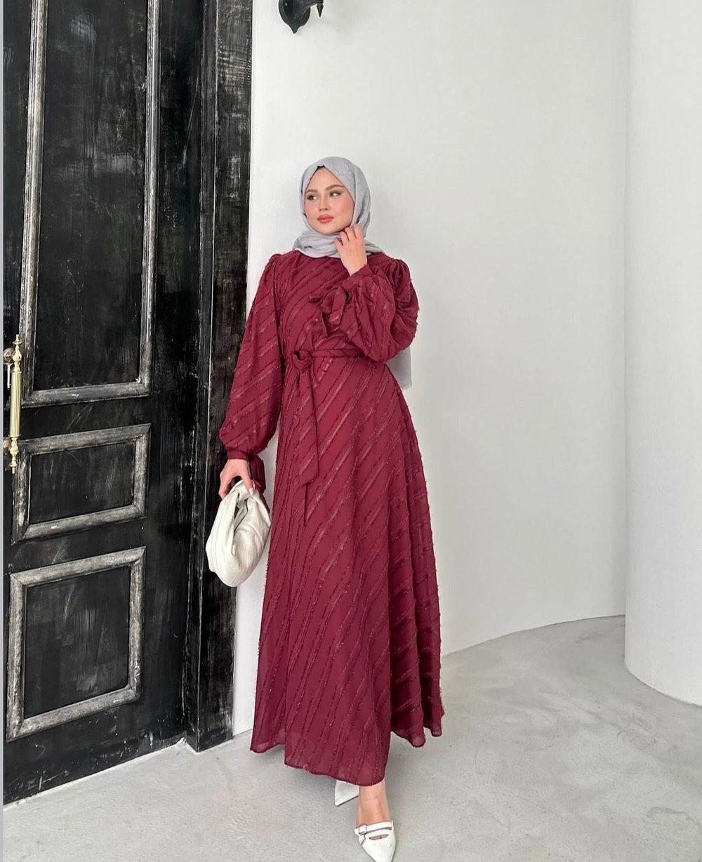 Bordo Işıltılı Kuşaklı - Elbise