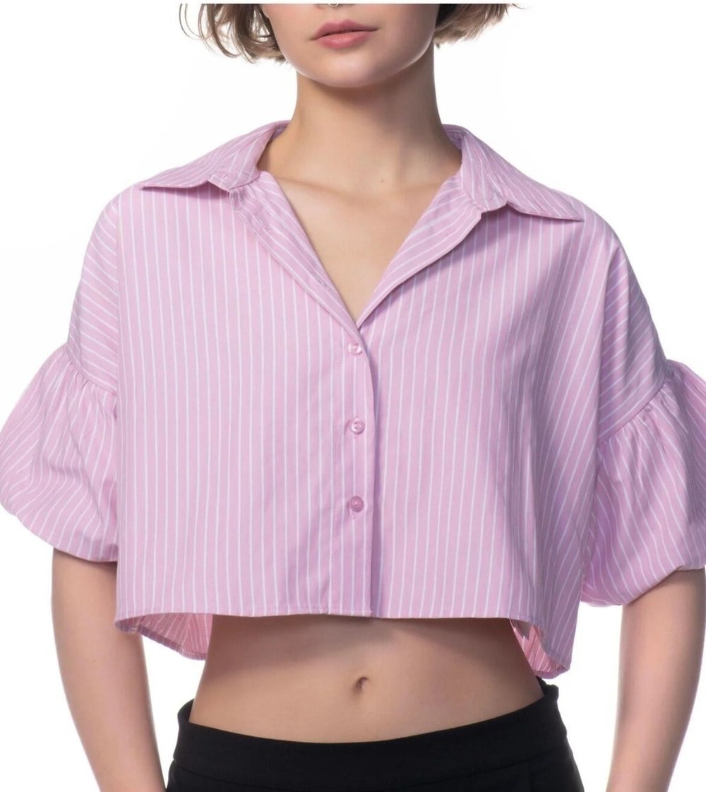 Pembe Beyaz Cizgili Crop - Gömlek