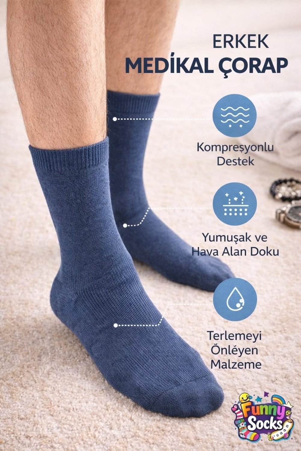 Erkek Medikal Çorap 3’lü Set – Lastiksiz & Dikişsiz Konfor Mavi