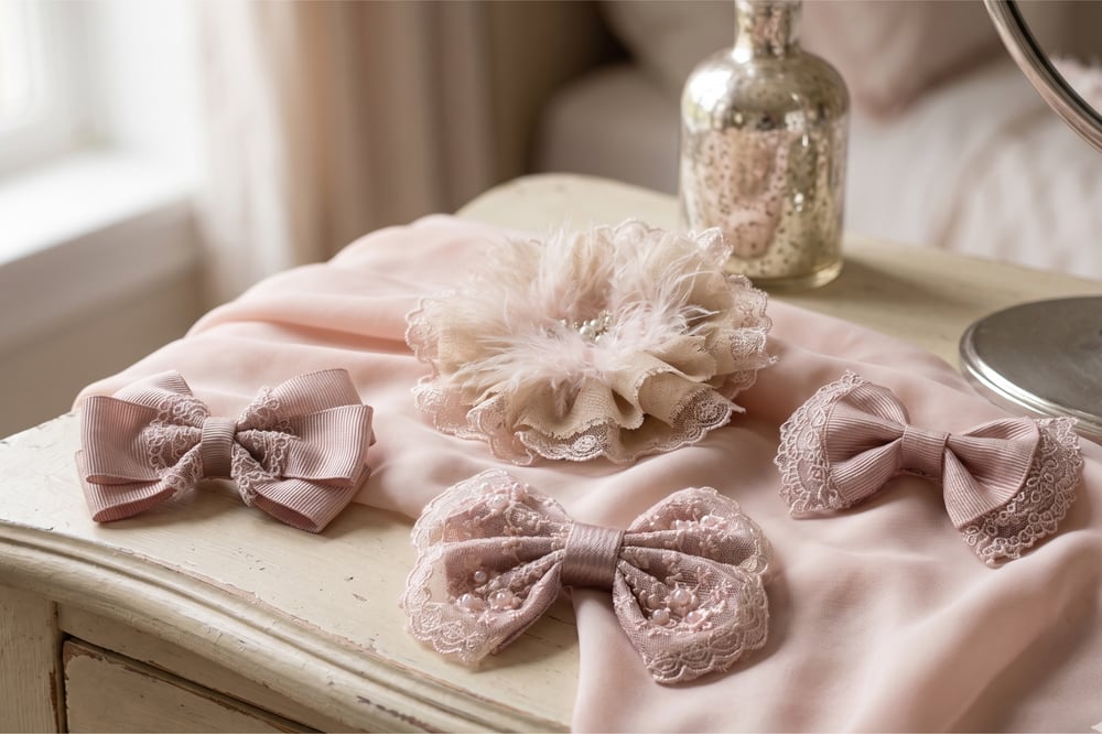 Little Princess Dantel ve İnci Detaylı 4'lü Özel Tasarım Toka Seti - Pudra Pembe