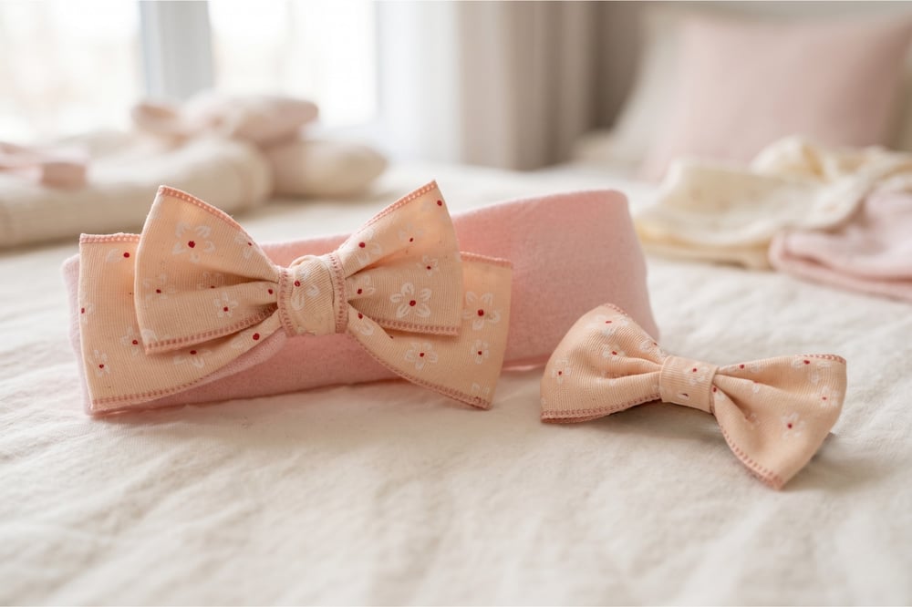 Per Capelli Çiçek Desenli Fiyonk - Bebek Saç Bandı + Mini Fiyonk Bebe Çıtçıtı