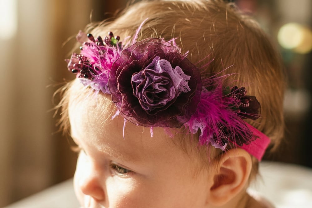 Per Capelli Fuşya & Mürdüm El Yapımı Çiçekli Bebek Saç Bandı